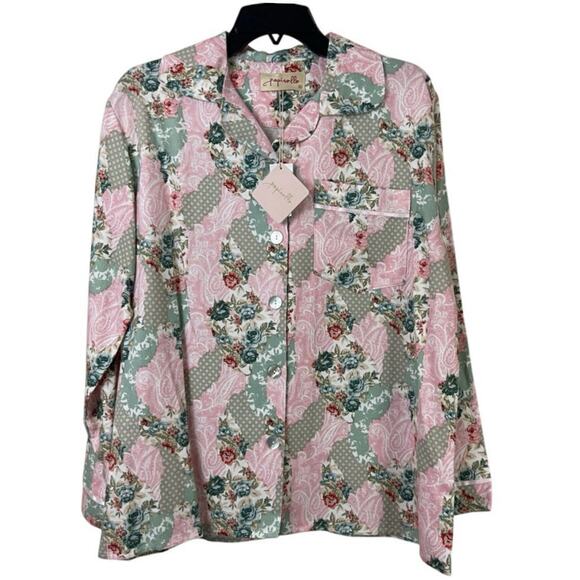 Papinelle Pajama Top Womens Size M Pink Floral Print Button Closure Pocket NEW - Picture 1 of 12